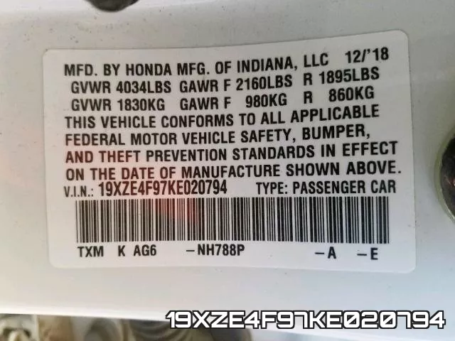 19XZE4F97KE020794 фото 2