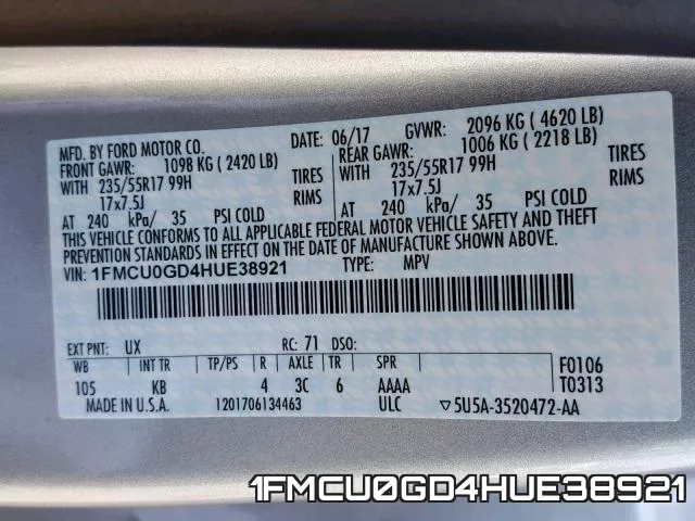 1FMCU0GD4HUE38921 фото 2