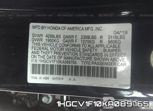 1HGCV1F10KA089765 фото 9