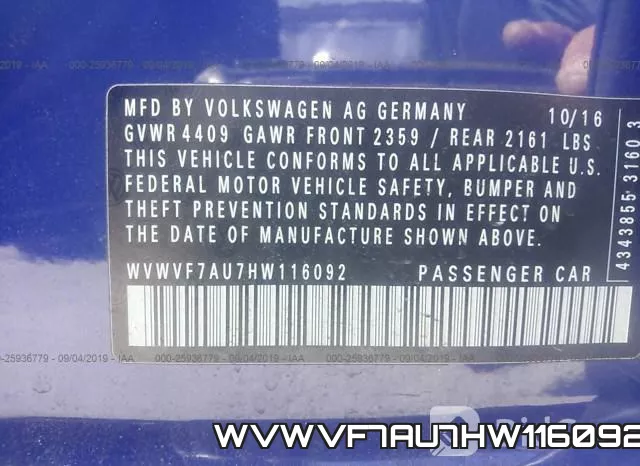 WVWVF7AU7HW116092 фото 7