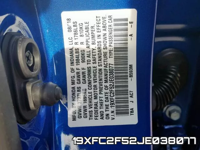 19XFC2F52JE038077 фото 2
