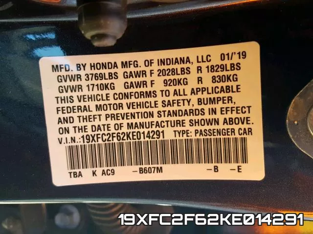 19XFC2F62KE014291 фото 2