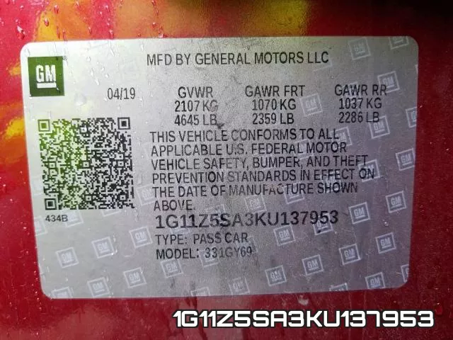1G11Z5SA3KU137953 фото 2