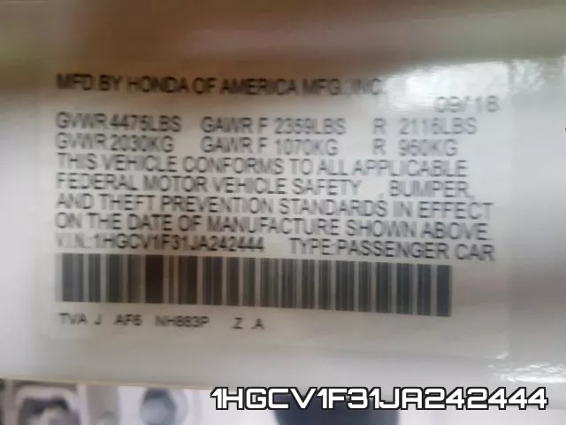 1HGCV1F31JA242444 фото 2