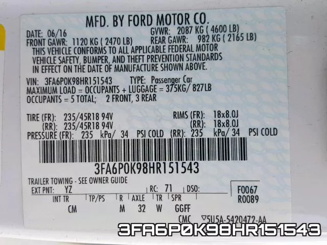 3FA6P0K98HR151543 фото 2