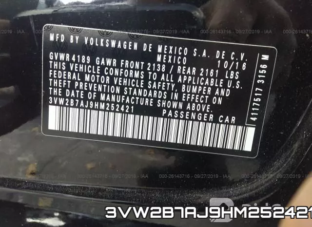 3VW2B7AJ9HM252421 фото 9