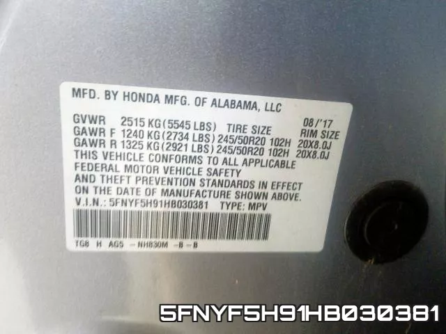 5FNYF5H91HB030381 фото 2