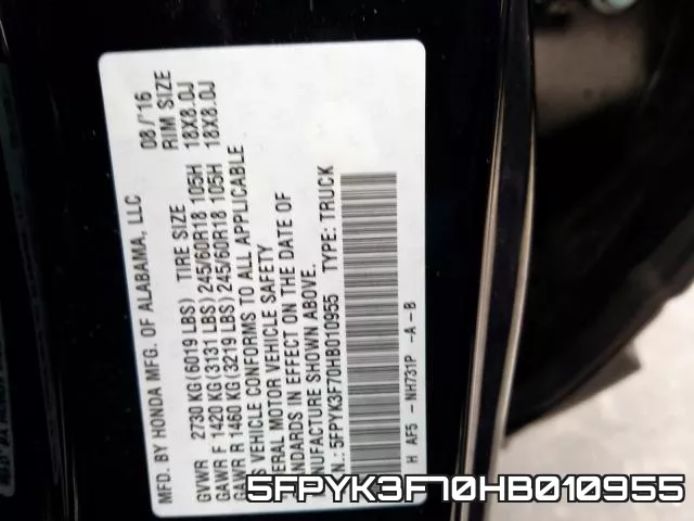 5FPYK3F70HB010955 фото 2