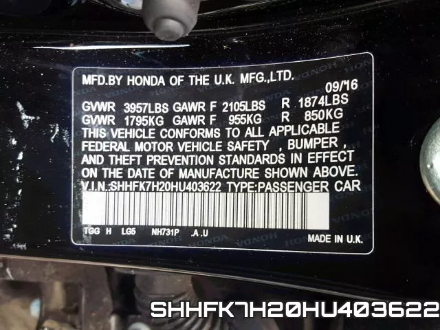 SHHFK7H20HU403622 фото 2