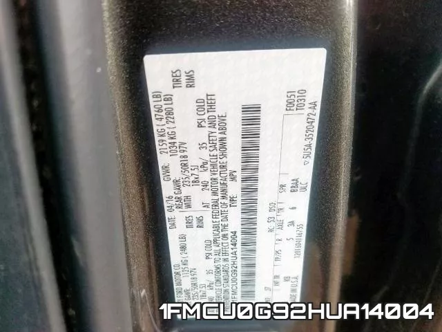 1FMCU0G92HUA14004 фото 2