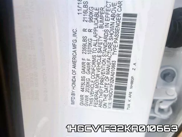 1HGCV1F32KA010663 фото 2