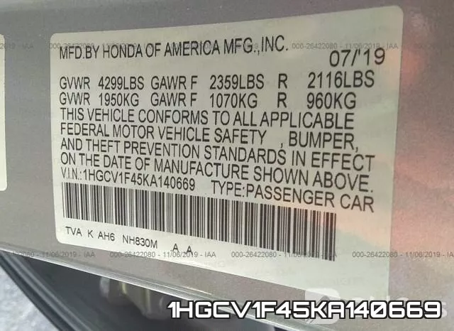 1HGCV1F45KA140669 фото 9