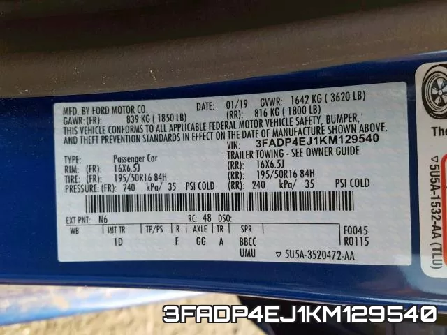 3FADP4EJ1KM129540 фото 2