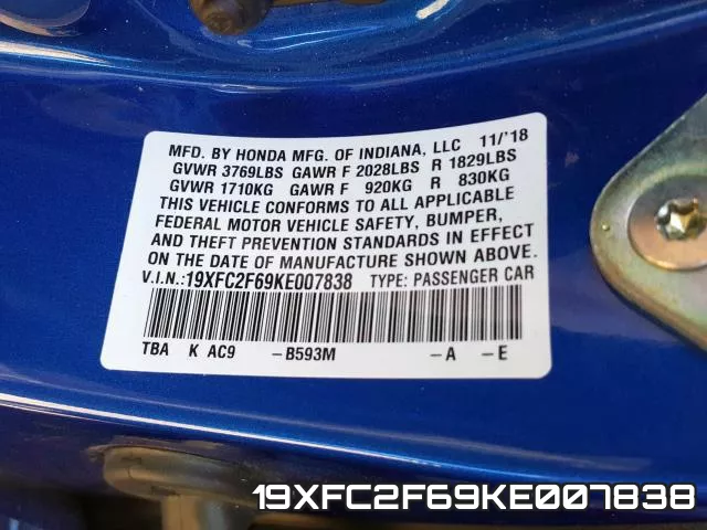 19XFC2F69KE007838 фото 2