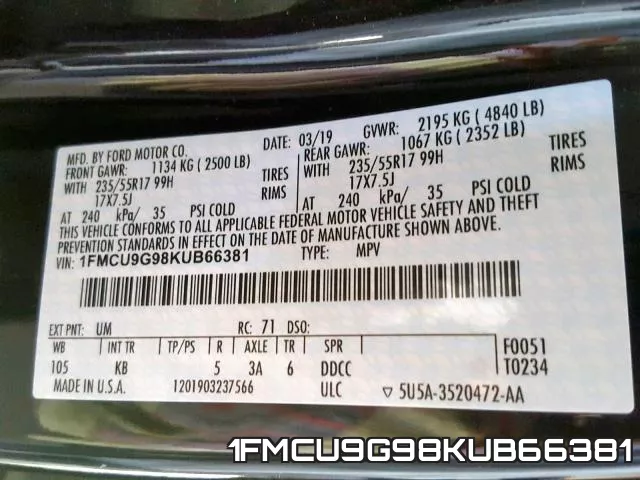 1FMCU9G98KUB66381 фото 2