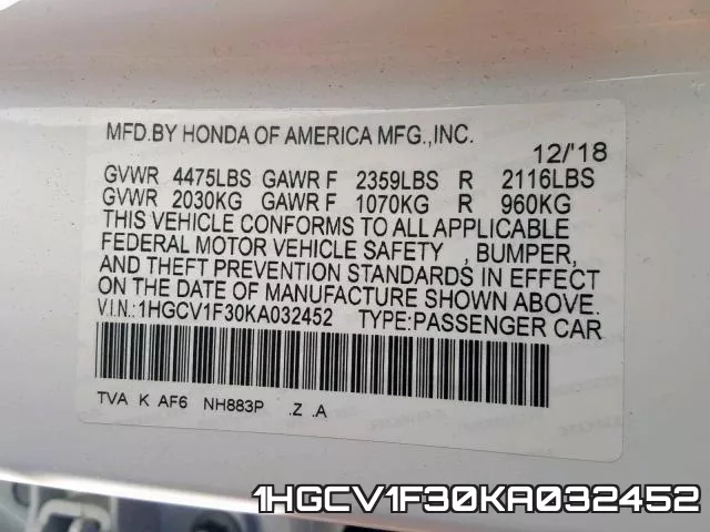1HGCV1F30KA032452 фото 2
