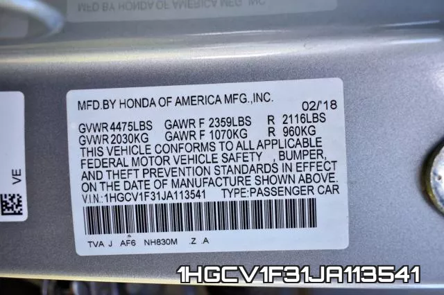 1HGCV1F31JA113541 фото 2