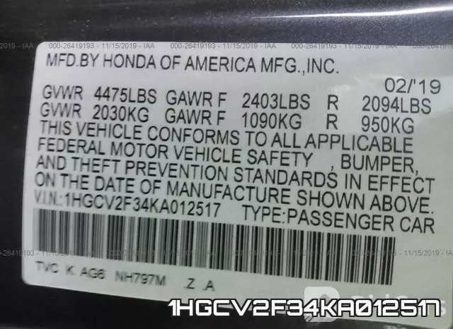 1HGCV2F34KA012517 фото 10