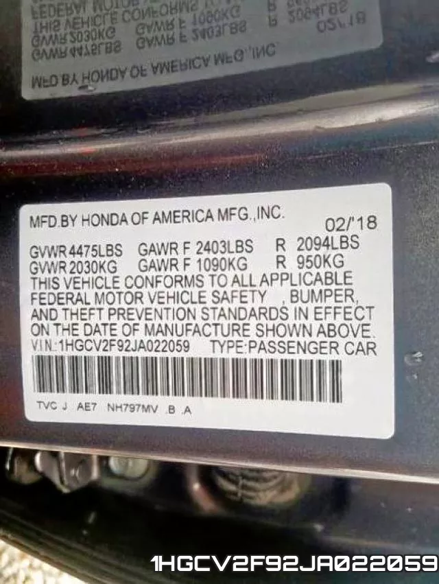 1HGCV2F92JA022059 фото 2