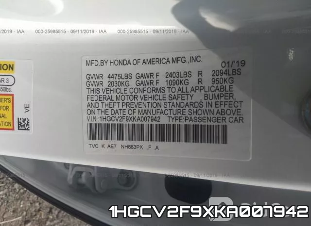 1HGCV2F9XKA007942 фото 9