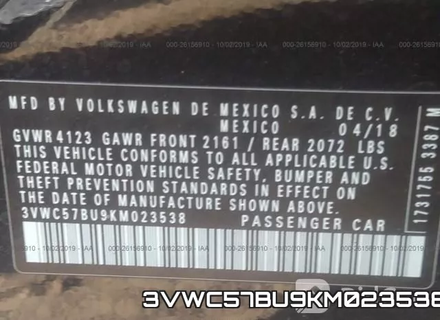 3VWC57BU9KM023538 фото 9