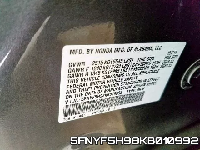 5FNYF5H98KB010992 фото 2