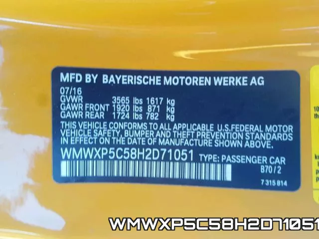 WMWXP5C58H2D71051 фото 2