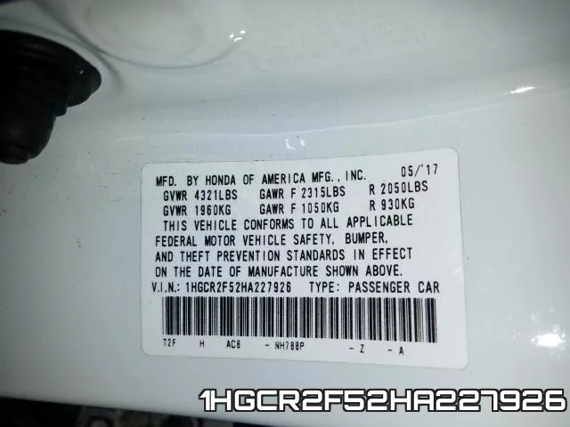 1HGCR2F52HA227926 фото 2