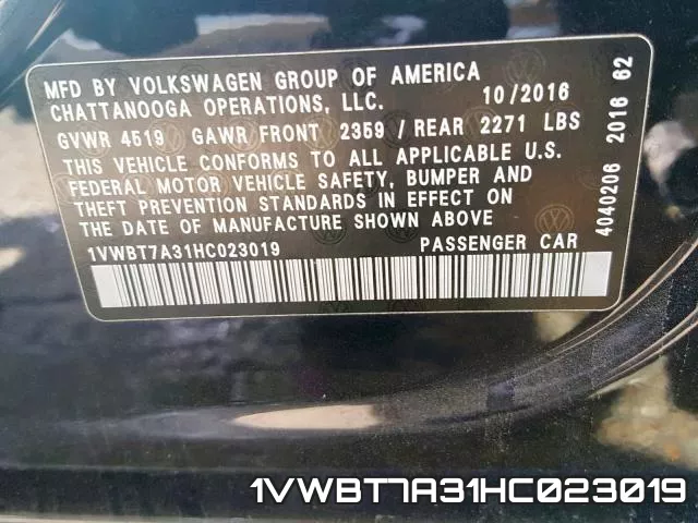 1VWBT7A31HC023019 фото 2