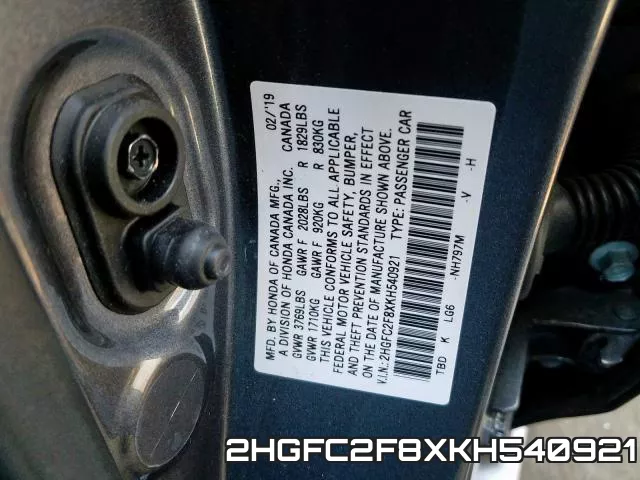 2HGFC2F8XKH540921 фото 2