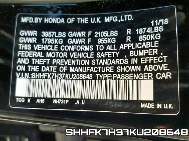 SHHFK7H37KU208648 фото 2