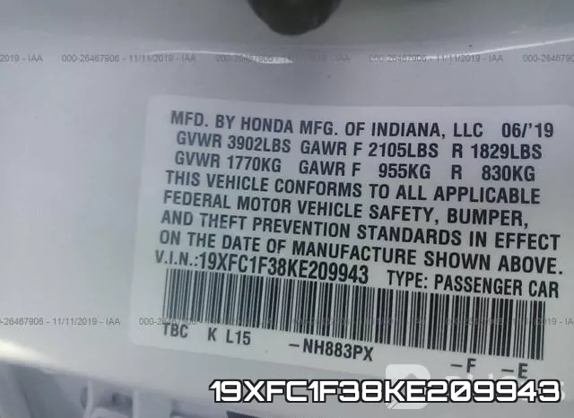 19XFC1F38KE209943 фото 9