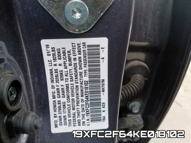 19XFC2F64KE018102 фото 2