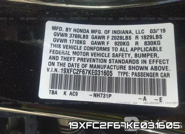 19XFC2F67KE031605 фото 10