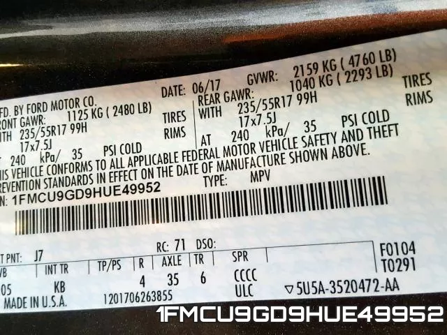 1FMCU9GD9HUE49952 фото 2