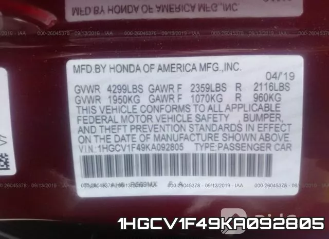 1HGCV1F49KA092805 фото 9