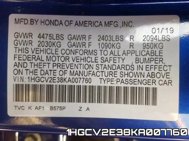 1HGCV2E38KA007760 фото 2