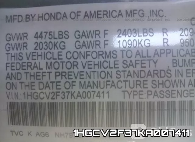 1HGCV2F37KA007411 фото 9
