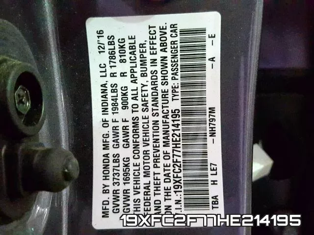 19XFC2F77HE214195 фото 2
