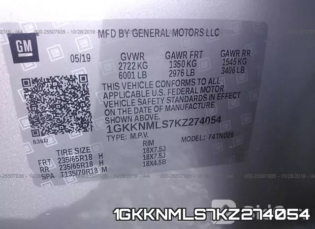 1GKKNMLS7KZ274054 фото 10