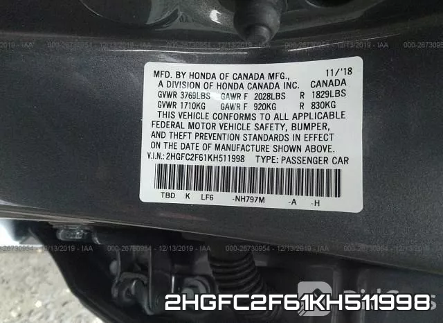 2HGFC2F61KH511998 фото 9
