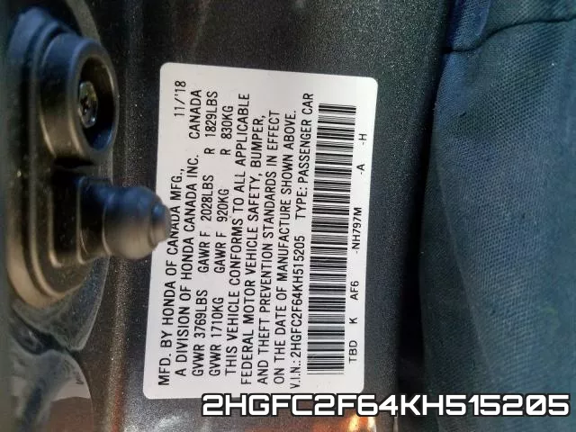 2HGFC2F64KH515205 фото 2