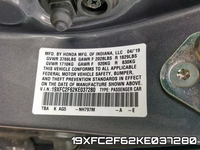 19XFC2F62KE037280 фото 2