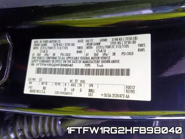 1FTFW1RG2HFB98040 фото 2
