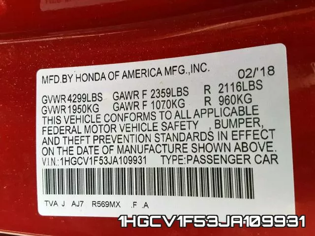 1HGCV1F53JA109931 фото 2