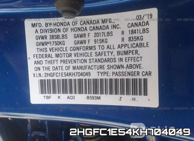 2HGFC1E54KH704049 фото 9