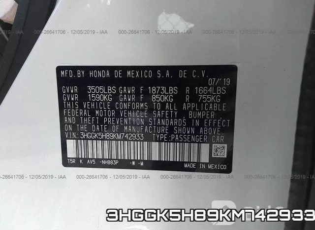 3HGGK5H89KM742933 фото 9