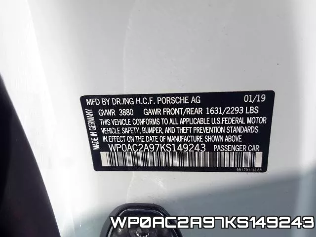 WP0AC2A97KS149243 фото 2