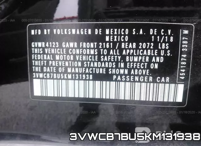 3VWCB7BU5KM131938 фото 9