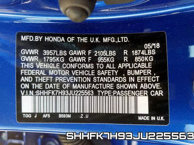 SHHFK7H93JU225563 фото 2